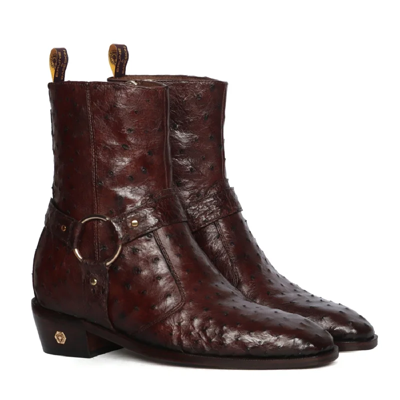 Exotic Dark Brown Boots in Ostrich Leather with Perfect Cuban Heel