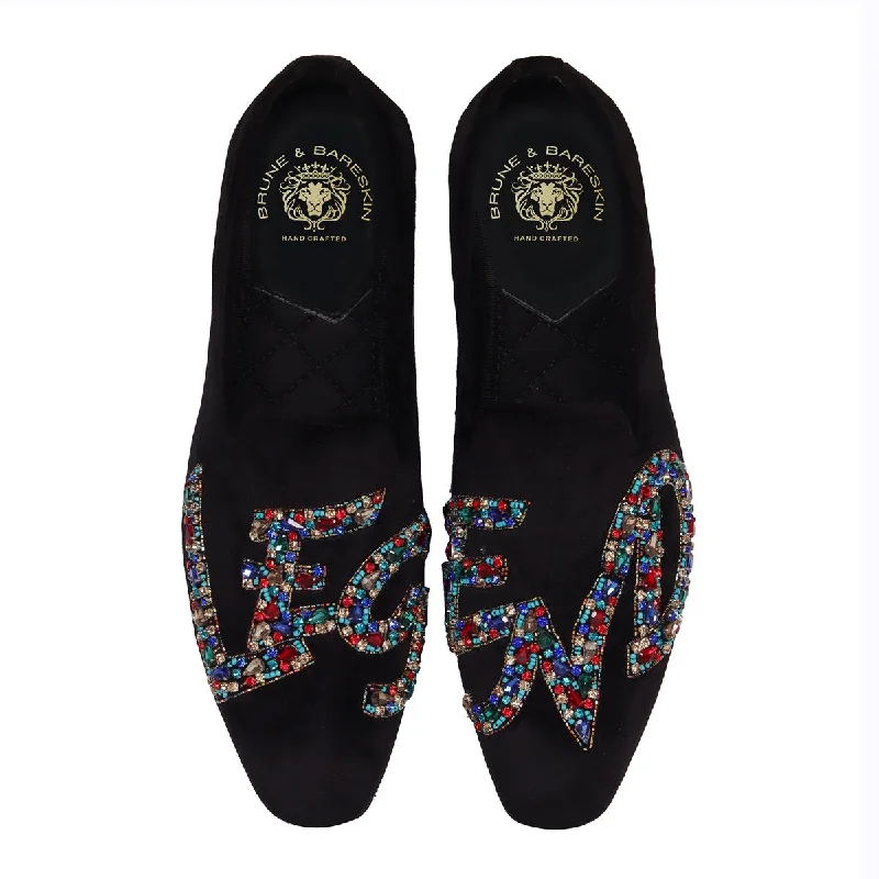 Men's Slip-On Shoes with Crystal Stones Multi-Color Mixed LEGEND Embellished in Black Velvet