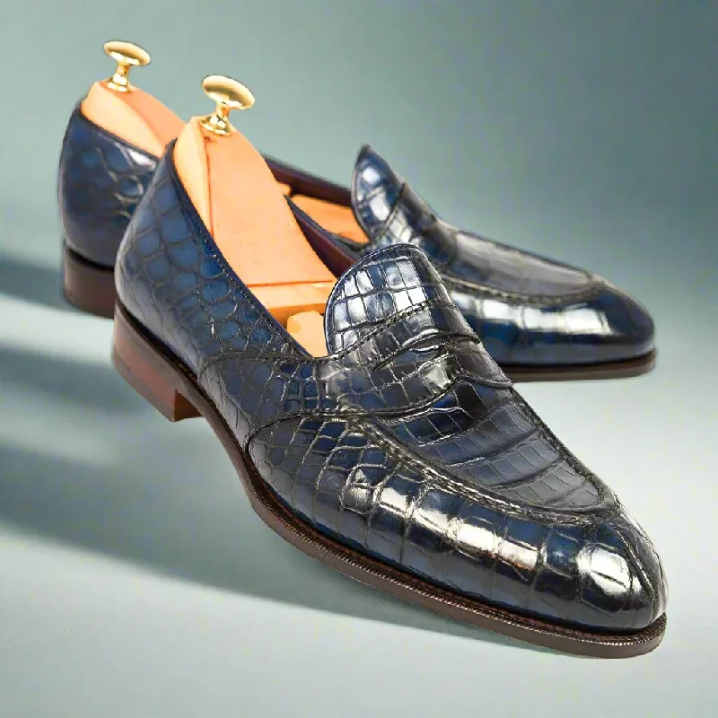 Preston Navy Blue Alligator Print Penny Loafer