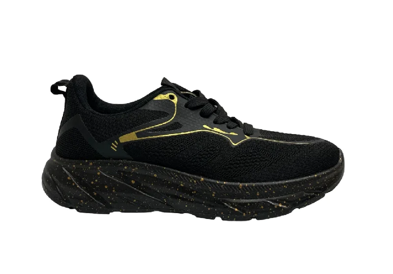 QRunner Black Walking Shoes with Gold Highlight