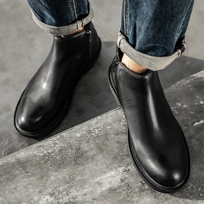 Men Retro Solid Leather Zipper Ankle Boots