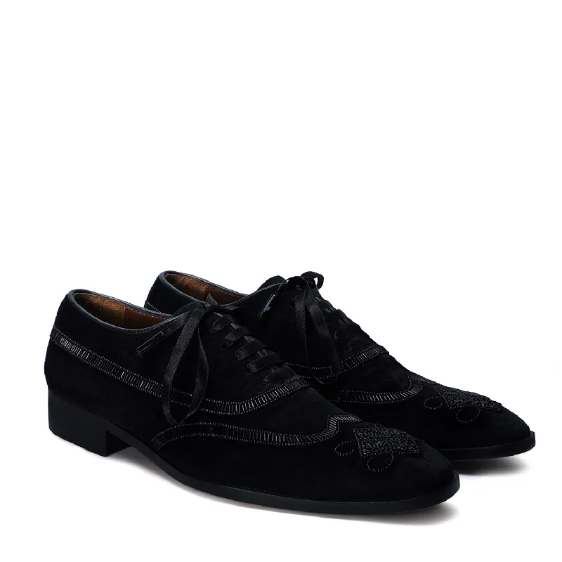 Wingtip Zardosi Black Lace-Up Wedding Formal Shoes